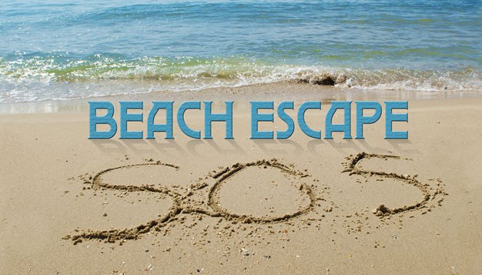 beach escape sos teken in het zand